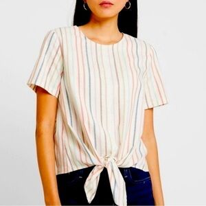 Madewell Button Back Tie Tee In Rainbow Stripe Short Sleeve Off White Size Small